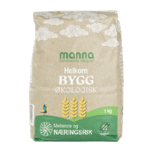 Økologisk helkorn av bygg i 1kg pose fra Manna