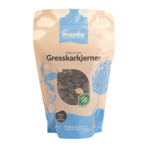 Økologiske gresskarkjerner i 250g poser fra Manna