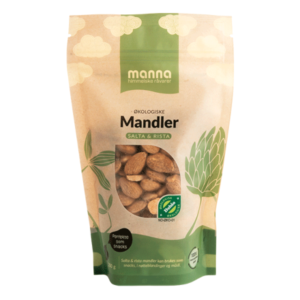 Økologiske salta og rista mandler i 200g pose fra Manna