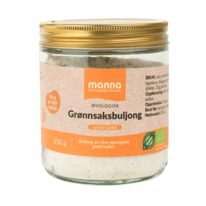 Økologisk grønnsaksbuljong uten gjær i 250g glass fra Manna