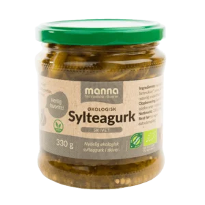 Økologiske skivet sylteagurk i 330g glass fra Manna
