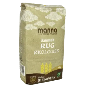 Økologisk sammalt rugmel i 1kg pose fra Manna