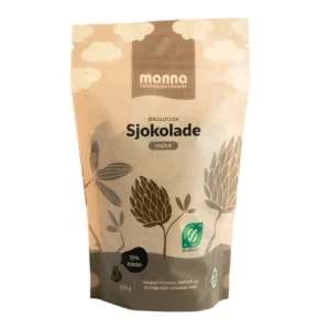 Økologisk mørk sjokolade i 250g pose fra Manna