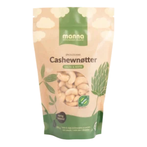 Økologiske cashewnøtter salta og rista i pose fra Manna